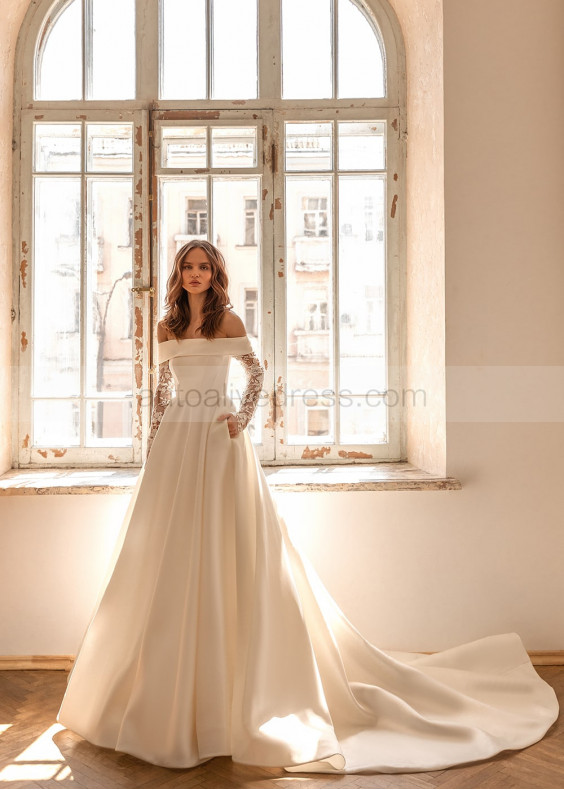 Off Shoulder Ivory Beaded Lace Satin Elegant Wedding Dress